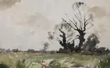 Trees in a landscape by Edward Wesson, watercolour, sold Aug 2021