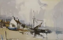 Fishing village with sail barge by Edward Wesson, watercolour, sold Aug 2021