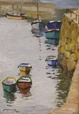Fishing boats in harbour by C. Morris, oil on board, sold Aug 2021