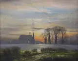 House in winter at sunset by Michael Morris, oil on canvas, sold Aug 2021