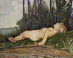 Lying on the fallen tree by Simon Mouncey, oil on canvas, sold Aug 2021