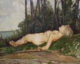 Lying on the fallen tree by Simon Mouncey, oil on canvas, sold Aug 2021