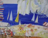 Study of a busy beach scene with sailboats and brightly coloured parasols by Huguette Ginet Lasnier, oil on canvas, sold Aug 2021