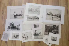 14 assorted etchings; HMS Indefatigable awaiting the ship breakers, 25 x 34cm by Nelson Dawson, watercolor, sold Aug 2021