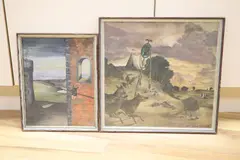 Wolves near a military encampment, 37 x 38cm and Wolves head beside a tower by Anthony Earnshaw, 1950, watercolor, sold Aug 2021