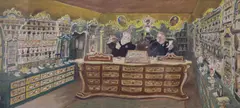 Apothecary shop interior by Walter Trier, ink and watercolour, sold Aug 2021