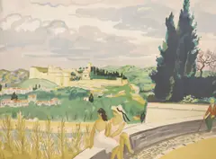 Figures before a distant castle by Yves Brayer, lithograph, sold Aug 2021
