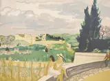 Figures before a distant castle by Yves Brayer, lithograph, sold Aug 2021