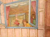 Girls looking out of a window by Robin Mackertich, oil on board, sold Aug 2021