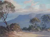Evening clouds over Mount Solitary from Katoomba by John Emmett, oil on canvas board, sold Aug 2021