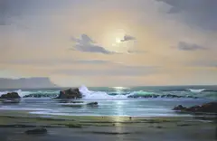 Waves breaking on the shore at sunset by Peter Cosslett, oil on board, sold Aug 2021