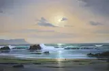 Waves breaking on the shore at sunset by Peter Cosslett, oil on board, sold Aug 2021