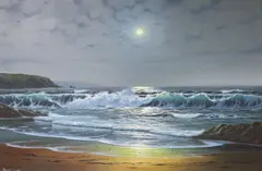 Waves breaking on the shore under moonlight by Peter Cosslett, oil on canvas, sold Aug 2021