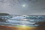 Waves breaking on the shore under moonlight by Peter Cosslett, oil on canvas, sold Aug 2021