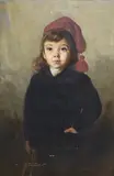 Portrait of a girl wearing a black coat and red cap by Charles Kay Robertson, oil on canvas, sold Aug 2021