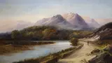 Mountain landscape with figure overlooking a river by H. Masser, oil on canvas, sold Aug 2021