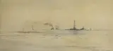 Shipping passing a lighthouse by Rowland Langmaid, watercolour, sold Aug 2021