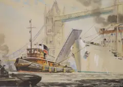 Tug beneath Tower Bridge by Harold Ing, gouache, sold Aug 2021
