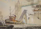 Tug beneath Tower Bridge by Harold Ing, gouache, sold Aug 2021