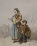 Mother and children in winter by J. Marohn, watercolour, sold Aug 2021