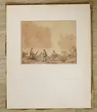 Fisherman moving nets, 16 x 20cm, unframed by Julius Caesar Ibbetson, ink and wash, sold Aug 2021