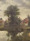 Waterside houses by Octavius Clark, oil on canvas, offered Aug 2021