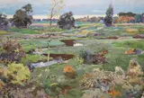 Landscape with birch tree, inscribed verso, 59 x 79cm, unframed by Vasily Andreevich Neyasov, oil on canvas, sold Aug 2021