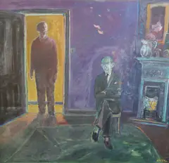 The Visitor, 1990 Oil on board Initialled and dated 90, inscribed verso 122 x 122 cm by Harold Mockford, Oil on board, sold Aug 2021