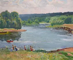 Fun by the river by Nikolai Eltyshev, 1972, oil on canvas, sold Aug 2021