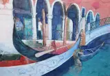 Venetian Gondoliers by Ann Oram, mixed media on paper, sold Aug 2021