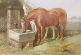 Members of The Blue Ribbon Army'; horses watering by John Sturgess, oil on card, sold Jul 2021