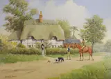 Figures beside a thatched cottage by Richard Rhead Simm, oil on panel, sold Jul 2021