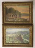 Lodge beside a lake and Hilltop Castle, 10 x 15cm, one signed by M. Braun, oil, offered Jul 2021