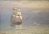 Sailing boat on a calm sea by Frederick W Baker, oil on board, sold Jul 2021