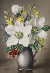 Christmas Roses, Winter Jasmine and Pyracantha Berries by James Noble, oil on panel, sold Jul 2021