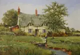 Woman beside a thatched cottage by Richard Rhead Simm, oil on panel, sold Jul 2021