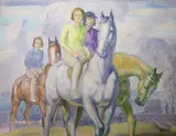 Sketch of women riding horses, 27 x 34cm by Harold Dearden, oil on canvas, sold Jul 2021