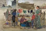 Market Scene, Portugal and Fishermen, Portugal, the former signed and dated 1967, 33 x 50cm & 30 x 47cm by Margaret Milnes, 1967, watercolor, sold Jul 2021