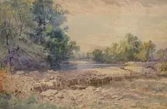 River landscape with weir by George Wolfe, watercolour, sold Jul 2021