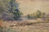 River landscape with weir by George Wolfe, watercolour, sold Jul 2021