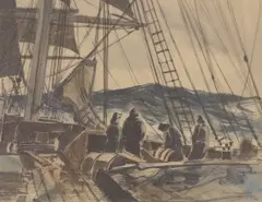 Sailors on deck by Claude Muncaster, 1930, watercolour, sold Jul 2021