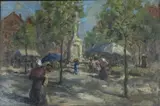Market scene by Charles J. Kelsey, oil on board, sold Jul 2021