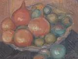 Still life of fruit and onions in a bowloil by Vladimir Polunin, 1929, oil on canvas board, sold Jul 2021