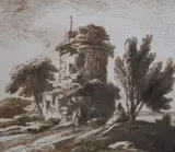 Italian landscape with ruined temple and figurespen and brown ink on by Richard Cooper Jnr., ink on paper, sold Jul 2021
