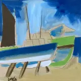 Beach with fishing boat by Markey Robinson, gouache on board, sold Jul 2021