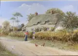 Figures beside a thatched cottage by Richard Rhead Simm, oil on panel, sold Jul 2021