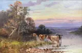 Cattle watering at sunset by Charles W Oswald, 1910, oil on canvas, sold Jul 2021