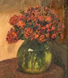 A still life of red flowers in a vase by Pietro Sansalvadore, 1950, oil on board, offered Nov 2022