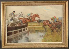 The Water Jump, Mackeson Gold Cup, Cheltenham, 1964 by Peter Biegel, 1964, oil on canvas, offered Nov 2022