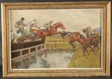 The Water Jump, Mackeson Gold Cup, Cheltenham, 1964 by Peter Biegel, 1964, oil on canvas, offered Nov 2022